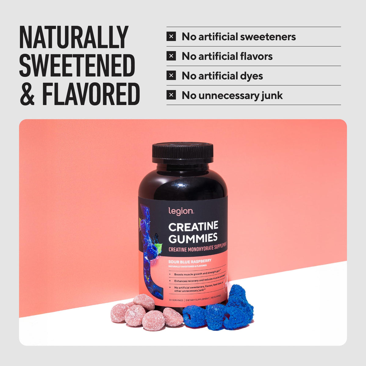 LEGION Creatine Monohydrate Gummies – Clean Chewable Creatine Supplement for Strength, Endurance & Muscle Recovery – 30 Sour Watermelon Flavor Servings - PrimeBioHealth - canada supplements