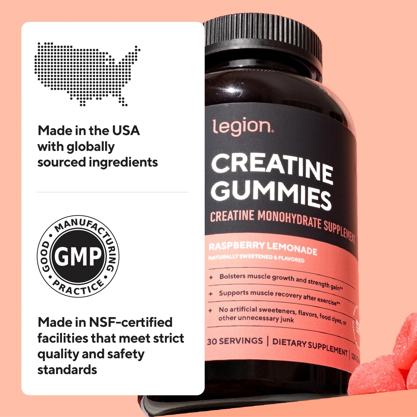 LEGION Creatine Monohydrate Gummies for Men & Women – Clean Chewable Creatine Supplement for Strength, Endurance & Muscle Recovery – 30 Lemon Drop Flavor Servings - PrimeBioHealth - canada supplements