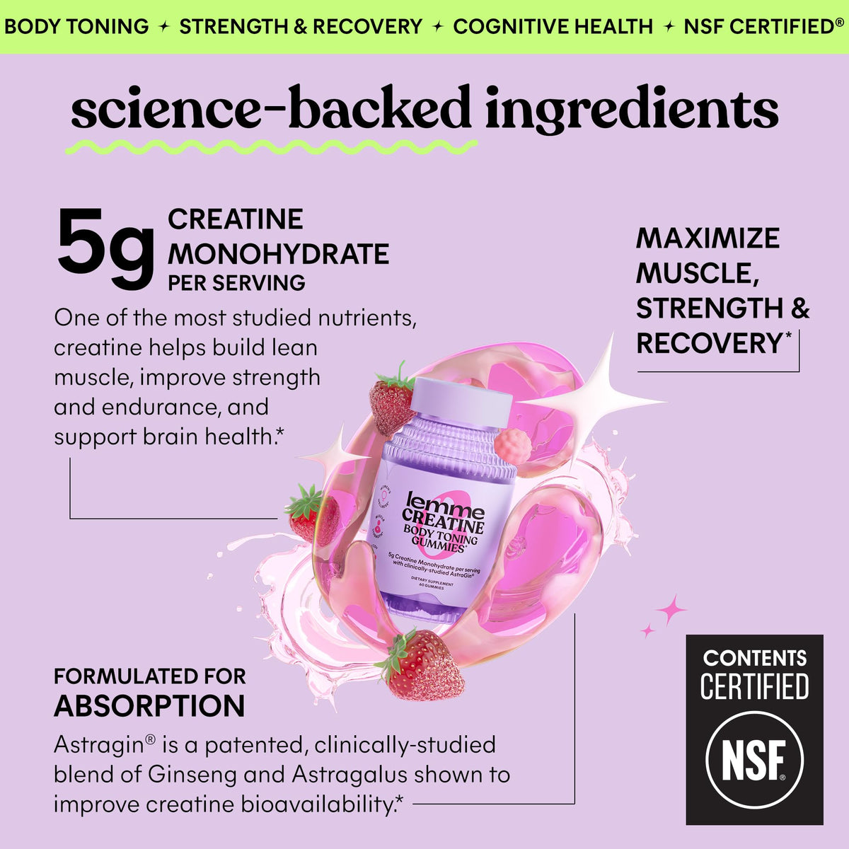 Lemme Creatine Monohydrate Gummies for Women and Men, 5g Dose to Support Lean Muscle, Strength, Recovery, Cognitive Health, w/Ginseng for Absorption - PrimeBioHealth - canada supplements