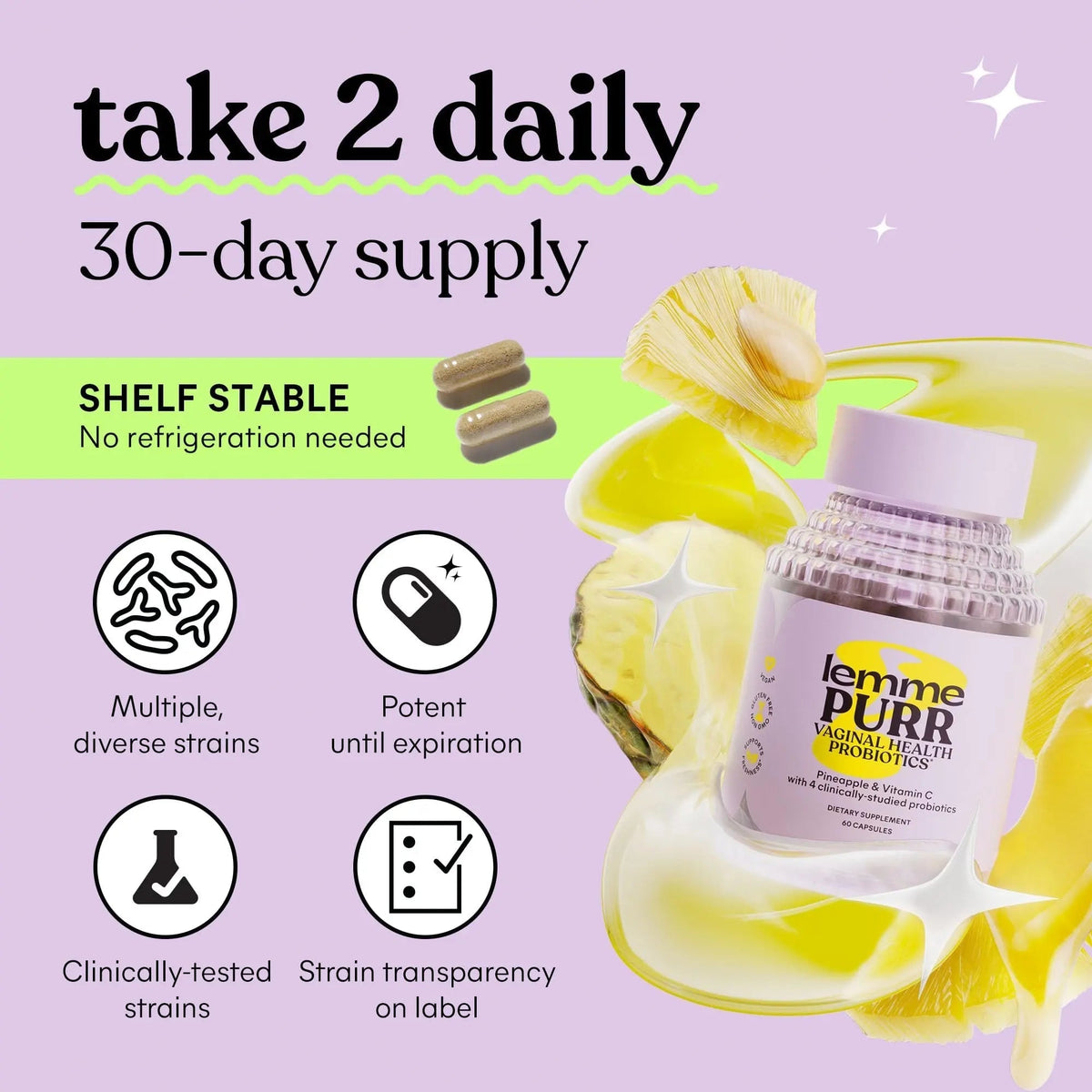 Lemme Purr Vaginal Probiotics for Women - Promotes pH Balance, Healthy Vaginal Odor & Urinary Tract Health w/Lactobacillus Blend, Clinically Tested Strains, Pineapple & Vitamin C - 60 Veggie Capsules - PrimeBioHealth - canada supplements