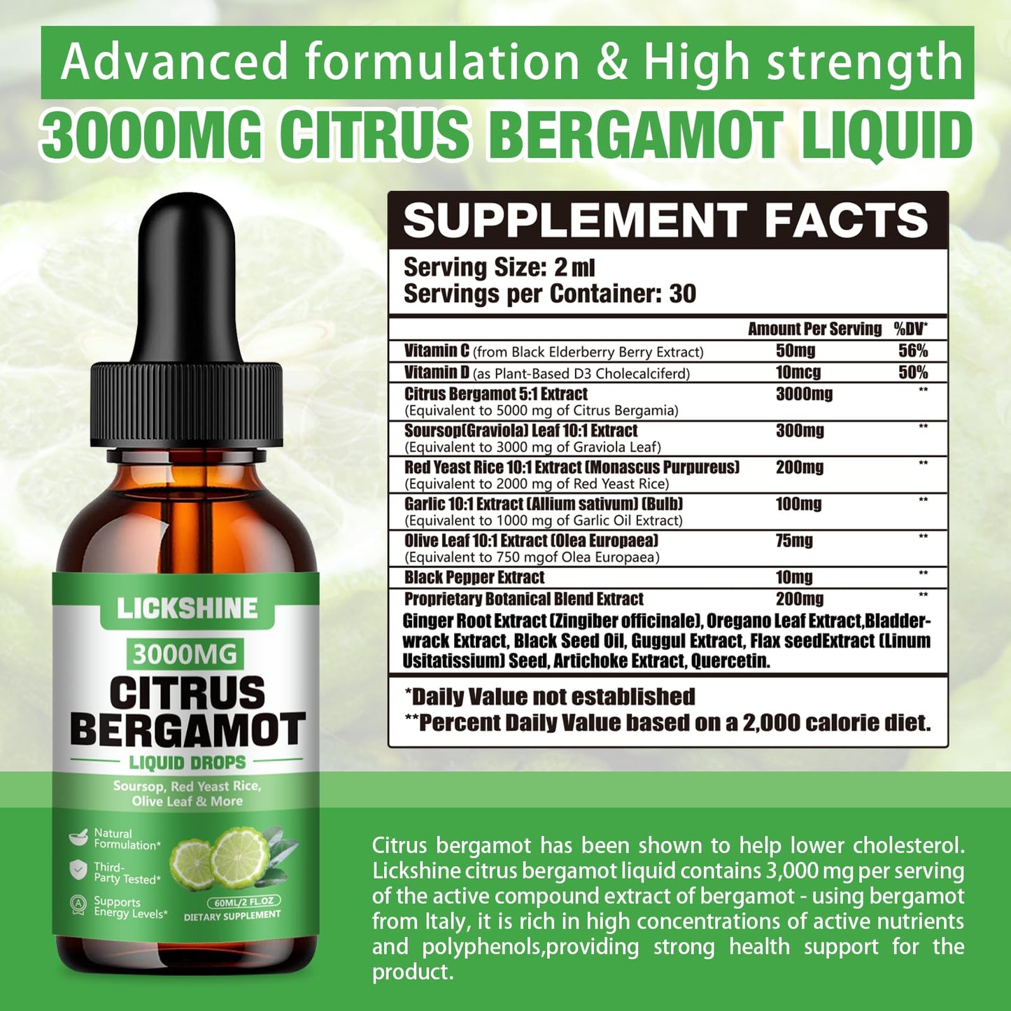 lickshine 2 Pack 3000mg Citrus Bergamot Liquid Drops - High Absorption - Cholesterol Lowering Supplement for Immune Support Anti-Aging, - PrimeBioHealth - canada supplements