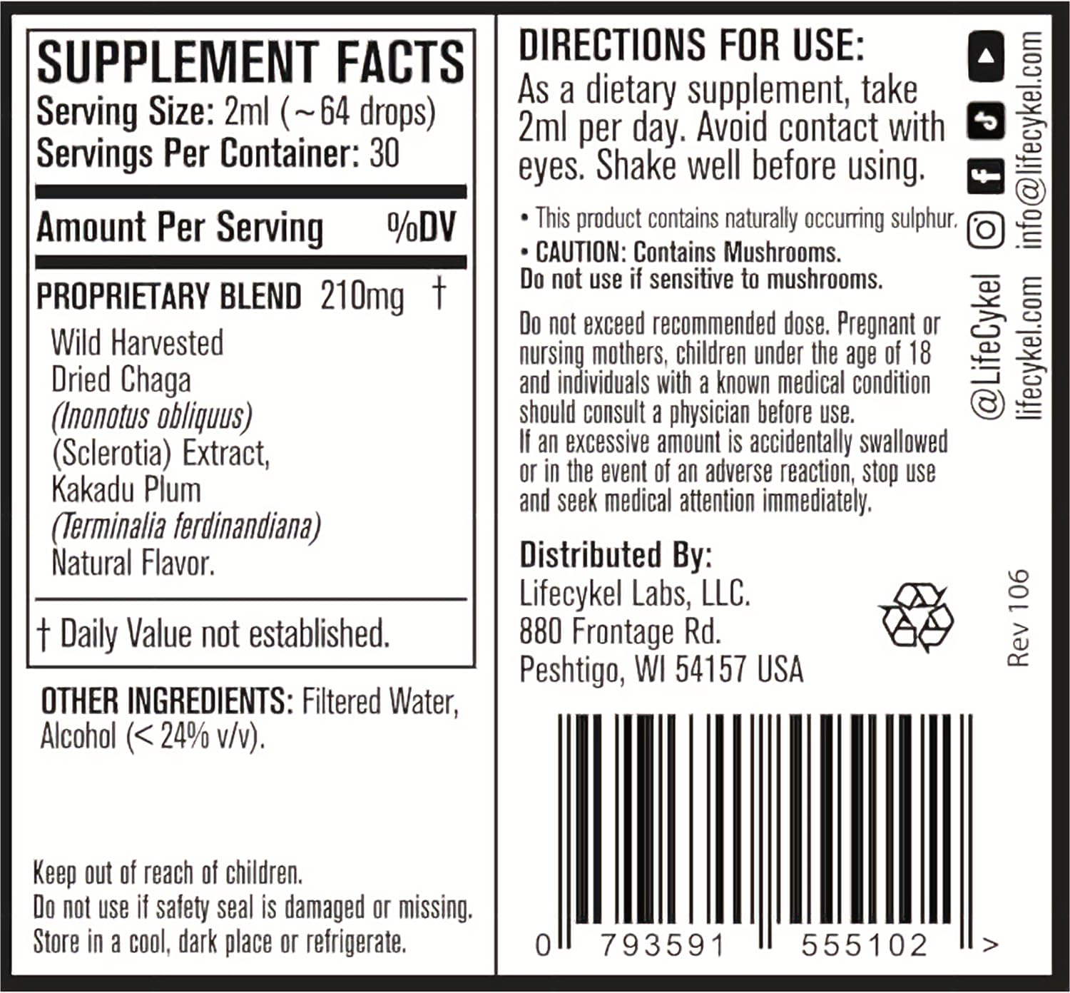 Life Cykel - Chaga Mushroom Extract with Kakadu Plum - Double Extracted Mushroom Tincture - Non-GMO Immune Support Supplement for Adults and Kids - 1 Fl Oz - PrimeBioHealth - canada supplements