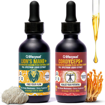 Life Cykel Cordyceps +Lion's Mane Extract Performance Pack - Organic Mushroom Supplement for Energy, Focus & Mental Clarity - USA Made, Pure & Potent Mushroom Liquid Drops for Adults - PrimeBioHealth - canada supplements