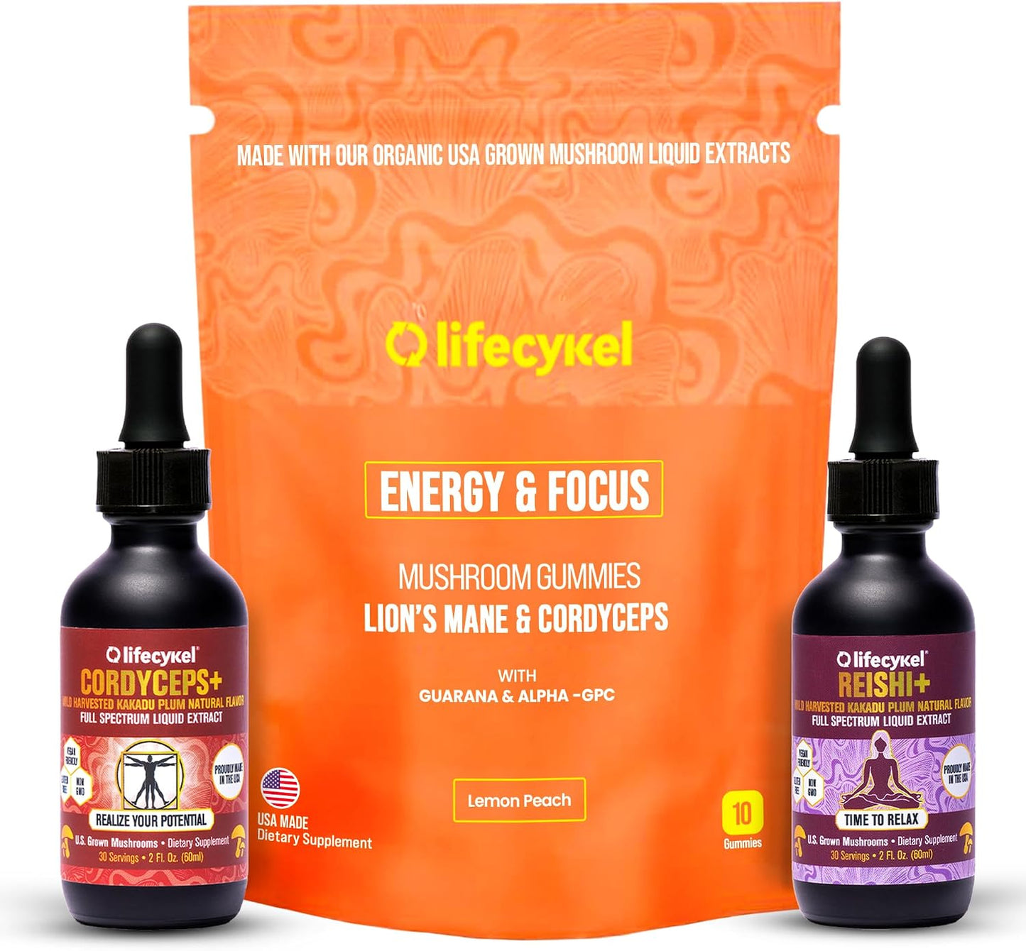 Life Cykel Cordyceps & Reishi Mushroom Extract Liquid Duo – Potent 1oz Tinctures with Included Energy & Focus Gummies (10-Count) for Enhanced Vitality, Immune Support & Mental Clarity - PrimeBioHealth - canada supplements