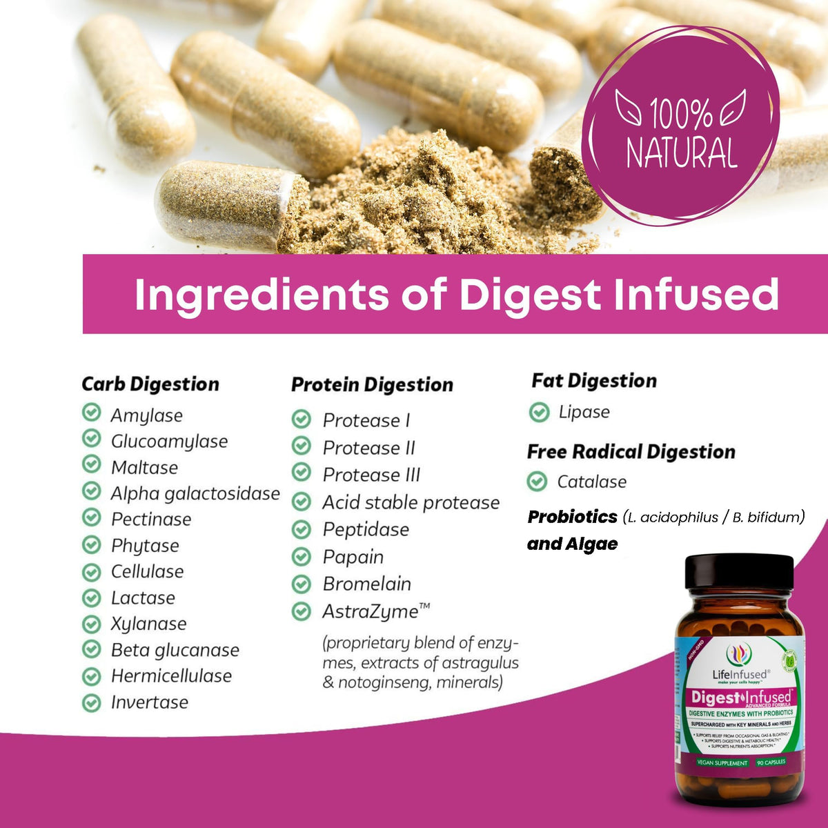 Life Infused Digestive Enzymes with Probiotics – 21 Plant-Based Enzymes with Bromelain, Papain, Amylase & Protease – Digestive Support for Gas & Bloating – - PrimeBioHealth - canada supplements
