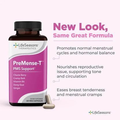 LifeSeasons - PreMense-T - PMS Relief Supplement - Support for Pre-Menstrual Symptoms, Cramping & Breast Tenderness - Nourish Tissue - Ginger Crampbark Dong Quai Chasteberry & Vitamin B6-60 Capsules - PrimeBioHealth - canada supplements