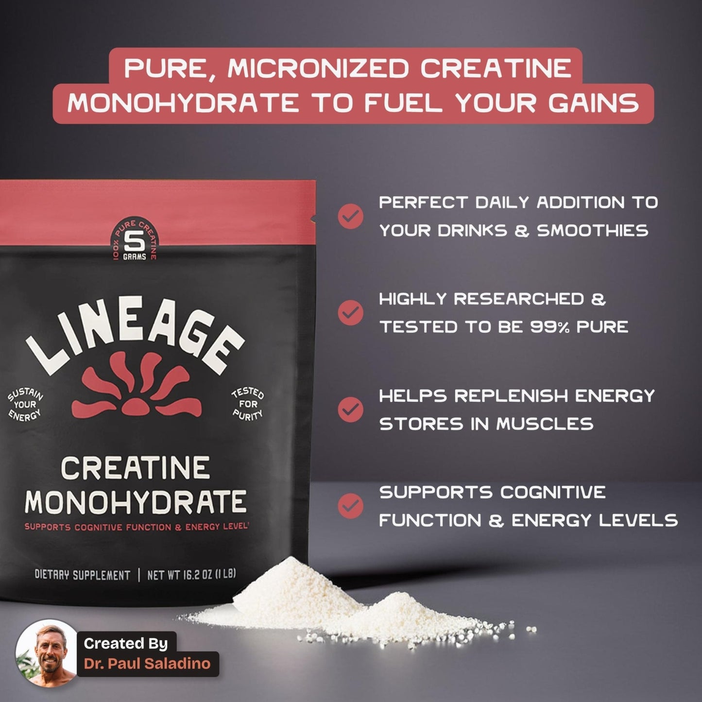 Lineage Provisions Micronized Creatine Monohydrate with Sea Salt - Micronized Creatine Powder for Training & Performance - PrimeBioHealth - canada supplements