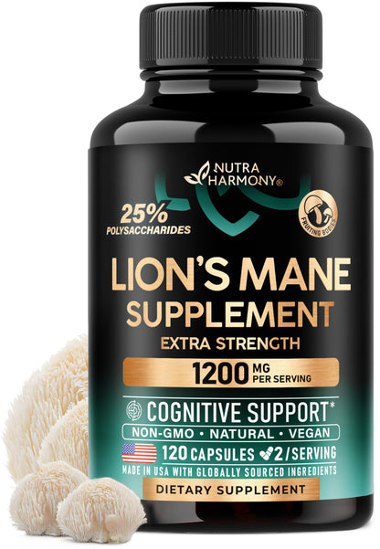 Lions Mane Supplement Capsules - Organic Lions Mane - Made in USA - Fruiting Bodies Extract - 1200 mg, 25% Polysaccharides - Memory & Focus Support - PrimeBioHealth - canada supplements