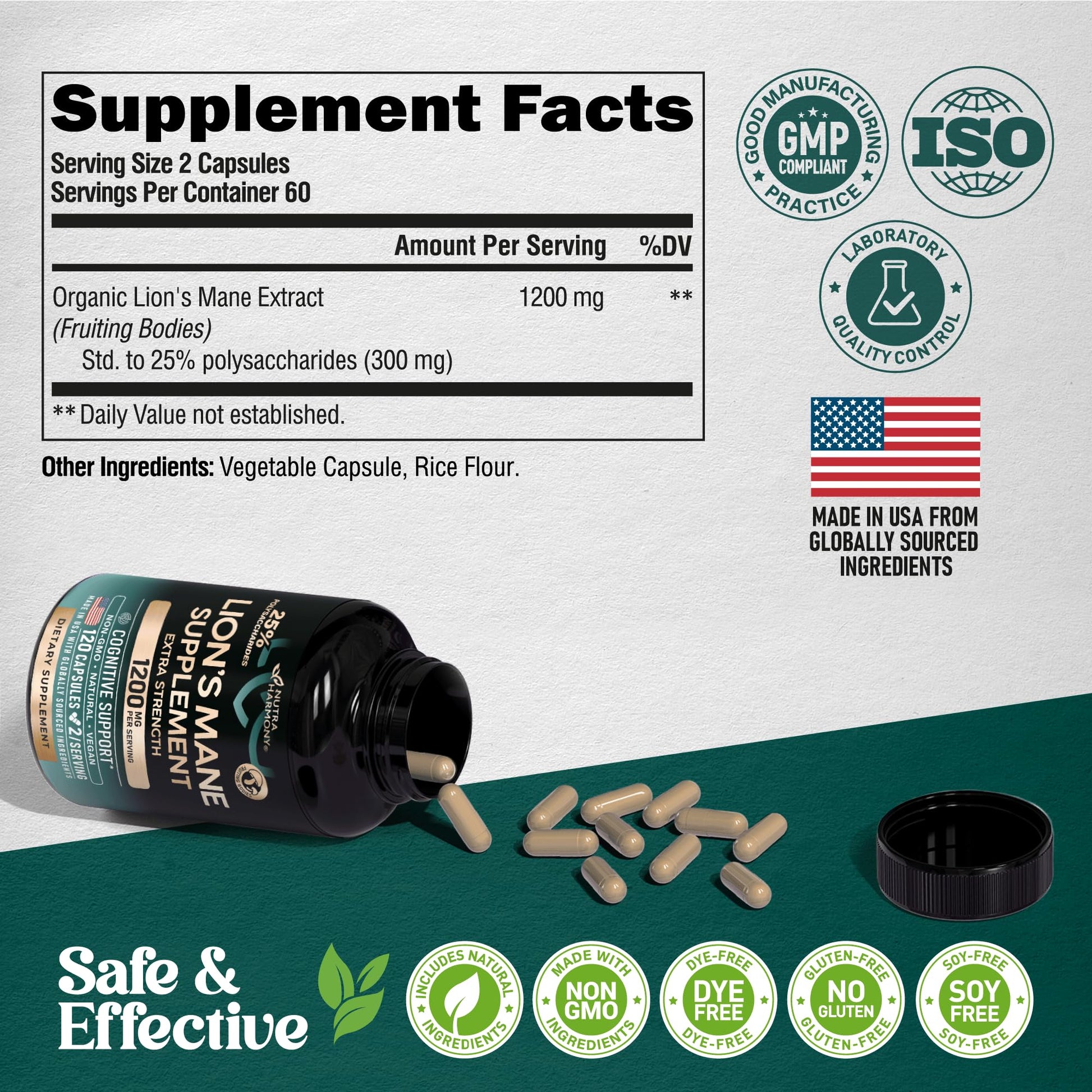 Lions Mane Supplement Capsules - Organic Lions Mane - Made in USA - Fruiting Bodies Extract - 1200 mg, 25% Polysaccharides - Memory & Focus Support - PrimeBioHealth - canada supplements