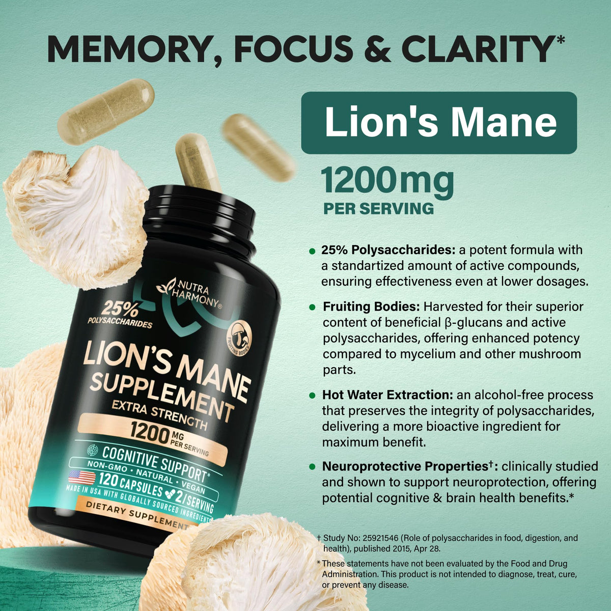 Lions Mane Supplement Capsules - Organic Lions Mane - Made in USA - Fruiting Bodies Extract - 1200 mg, 25% Polysaccharides - Memory & Focus Support - PrimeBioHealth - canada supplements