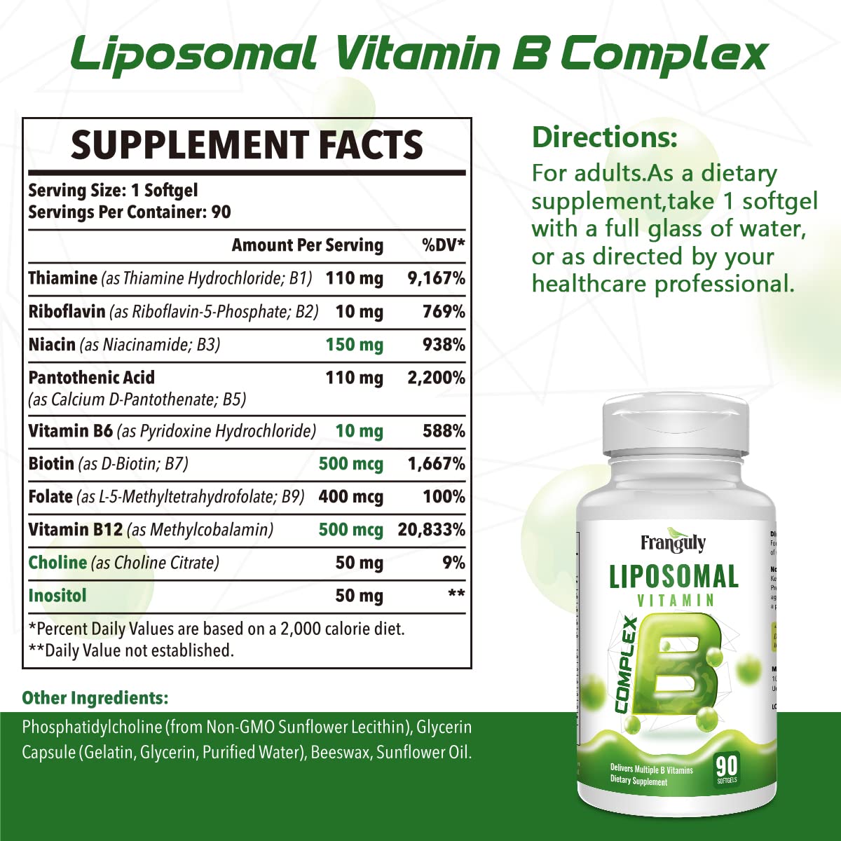 Liposomal B Complex for High Absorption Methylated B12,L-Methyfolate(5-MTHF ),Full Active B Vitamins with Choline Inositol-Energy, Metabolism,Brain & Heart Support - PrimeBioHealth - canada supplements