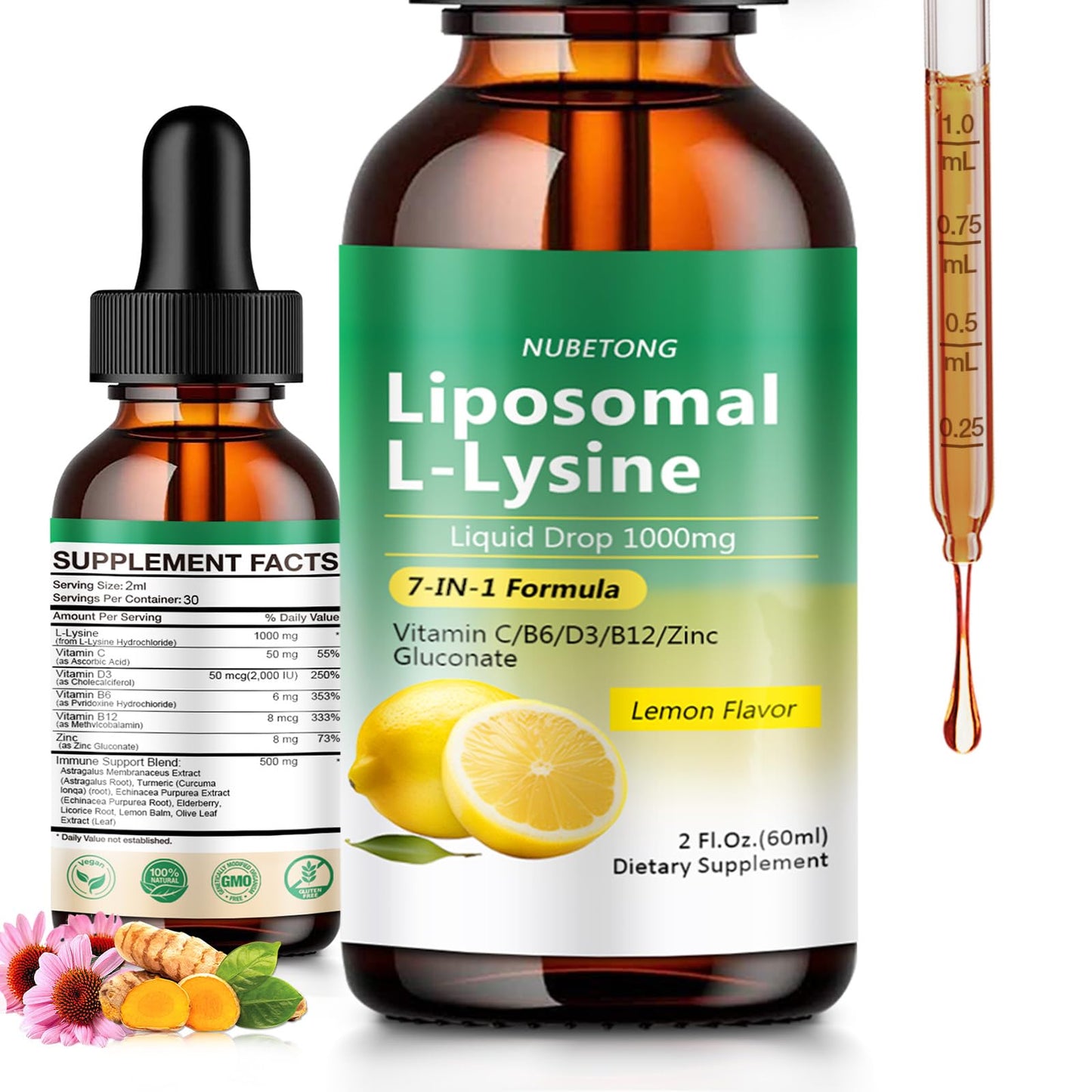 Liposomal L-Lysine 1000mg Liquid Drops, 7-in-1 Lysine Supplement for Adults with Vitamin C/B6/D3/B12 & Zinc Gluconate, Immune Support, Collagen Synthesis & Skin Lip Health, Lemon Flavor, 2 Fl Oz - PrimeBioHealth - canada supplements