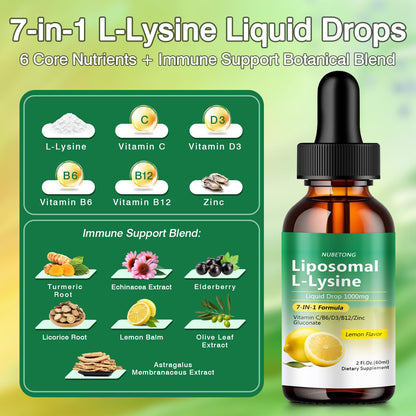 Liposomal L-Lysine 1000mg Liquid Drops, 7-in-1 Lysine Supplement for Adults with Vitamin C/B6/D3/B12 & Zinc Gluconate, Immune Support, Collagen Synthesis & Skin Lip Health, Lemon Flavor, 2 Fl Oz - PrimeBioHealth - canada supplements