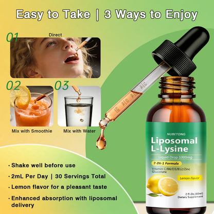 Liposomal L-Lysine 1000mg Liquid Drops, 7-in-1 Lysine Supplement for Adults with Vitamin C/B6/D3/B12 & Zinc Gluconate, Immune Support, Collagen Synthesis & Skin Lip Health, Lemon Flavor, 2 Fl Oz - PrimeBioHealth - canada supplements