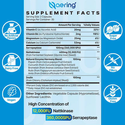 Liposomal Nattokinase 12,000 FU Serrapeptase 360,000 SPU Enzyme Supplement - Enriched with Synergistic Enzymes and Nutrient Blend & Inulin for Circulatory - PrimeBioHealth - canada supplements