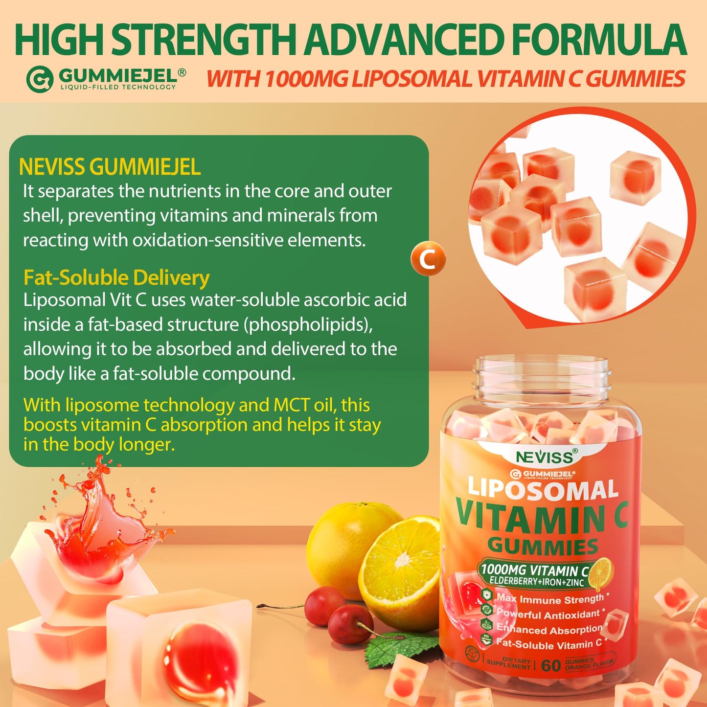 Liposomal Vitamin C 1000mg Gummies for Adults - Vitamin C Chewable with Elderberry, Zinc & 8mg Iron, Sugar Free Vit C Supplements, Daily Immune Support Gummies for Energy, Collagen Booster 60 Counts - PrimeBioHealth - canada supplements