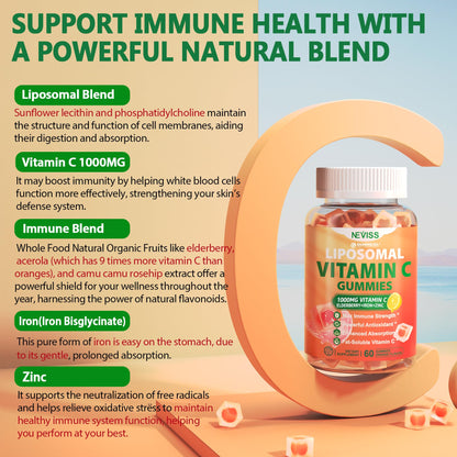 Liposomal Vitamin C 1000mg Gummies for Adults - Vitamin C Chewable with Elderberry, Zinc & 8mg Iron, Sugar Free Vit C Supplements, Daily Immune Support Gummies for Energy, Collagen Booster 60 Counts - PrimeBioHealth - canada supplements