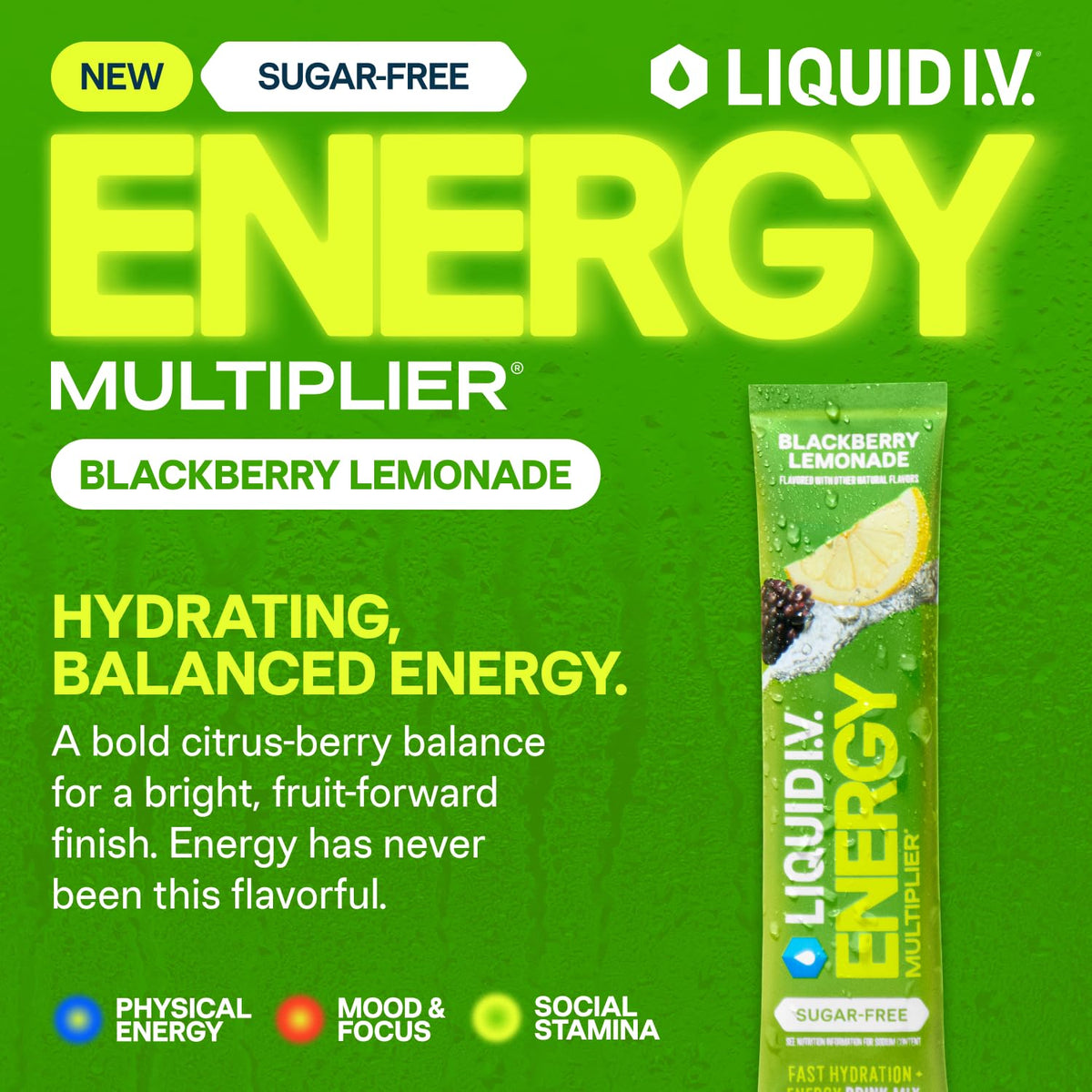 Liquid I.V.® Hydration Multiplier Sugar-Free + Energy - Blackberry Lemonade | Electrolyte Powder Drink Mix | 1 Pack (14 Servings) - PrimeBioHealth - canada supplements