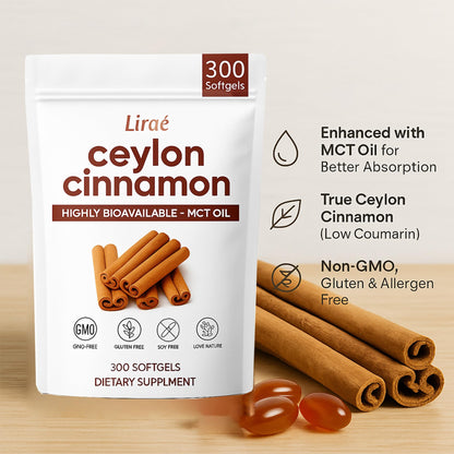 LIRAE Ceylon Cinnamon Softgels with MCT Oil – 300 Softgels – True Ceylon Cinnamon Supplement – Non-GMO, Gluten Free - PrimeBioHealth - canada supplements