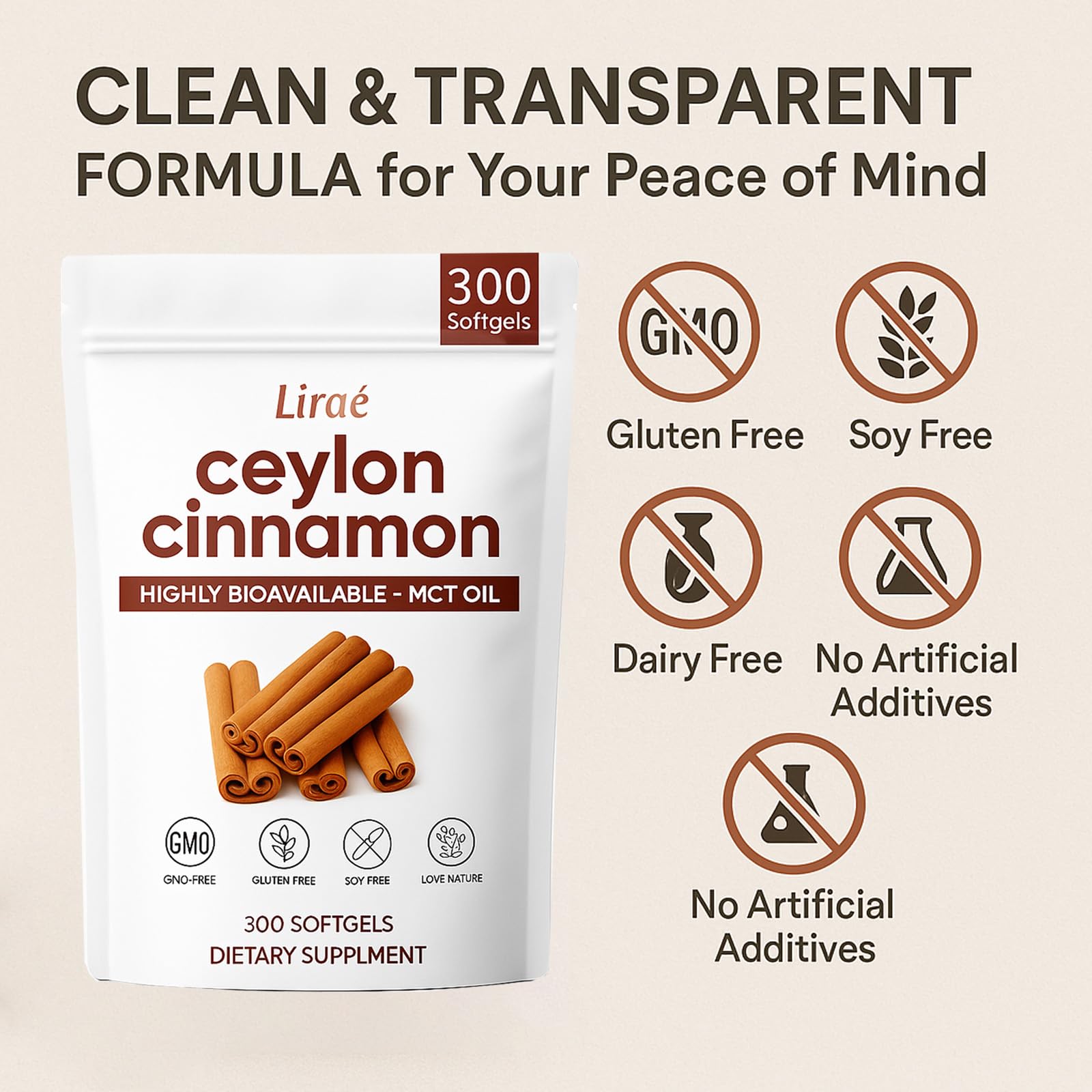 LIRAE Ceylon Cinnamon Softgels with MCT Oil – 300 Softgels – True Ceylon Cinnamon Supplement – Non-GMO, Gluten Free - PrimeBioHealth - canada supplements