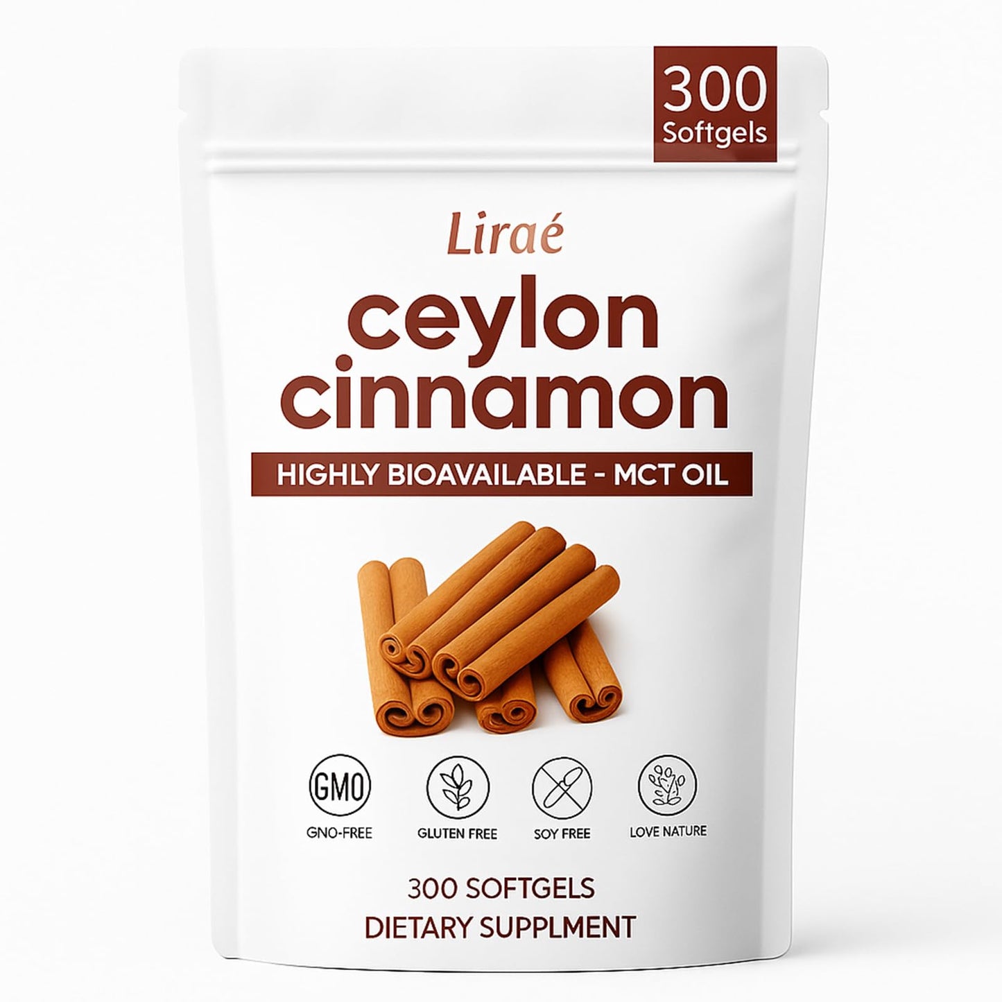 LIRAE Ceylon Cinnamon Softgels with MCT Oil – 300 Softgels – True Ceylon Cinnamon Supplement – Non-GMO, Gluten Free - PrimeBioHealth - canada supplements