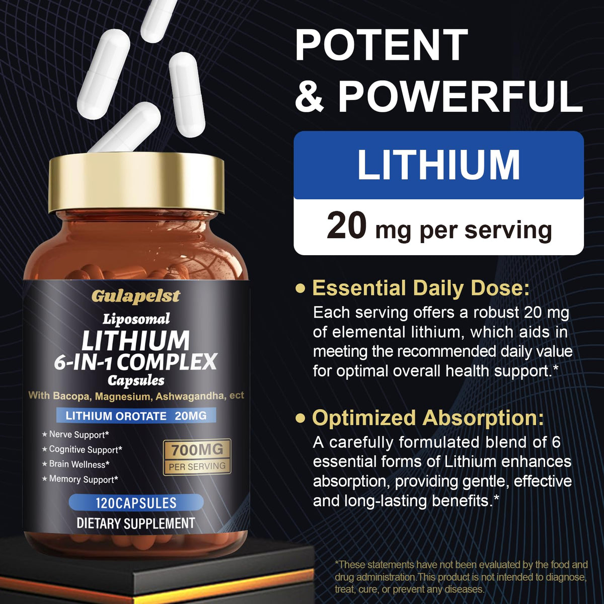 Lisopomal Lithium Orotate Complex Capsules, Lithium Orotate 20 mg, Magnesium Glycinate & Ashwagandha, Brain Health Supplements for Cognitive, Mood & Memory - PrimeBioHealth - canada supplements
