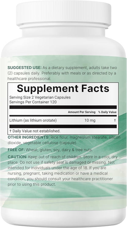 Lithium Orotate 10mg, 240 Veggie Capsules | 5mg Per Capsules | High Bioavailability Trace Mineral | Healthy Aging, Brain Supplement, & Mood Support | Non-GMO, Gluten Free - PrimeBioHealth - canada supplements