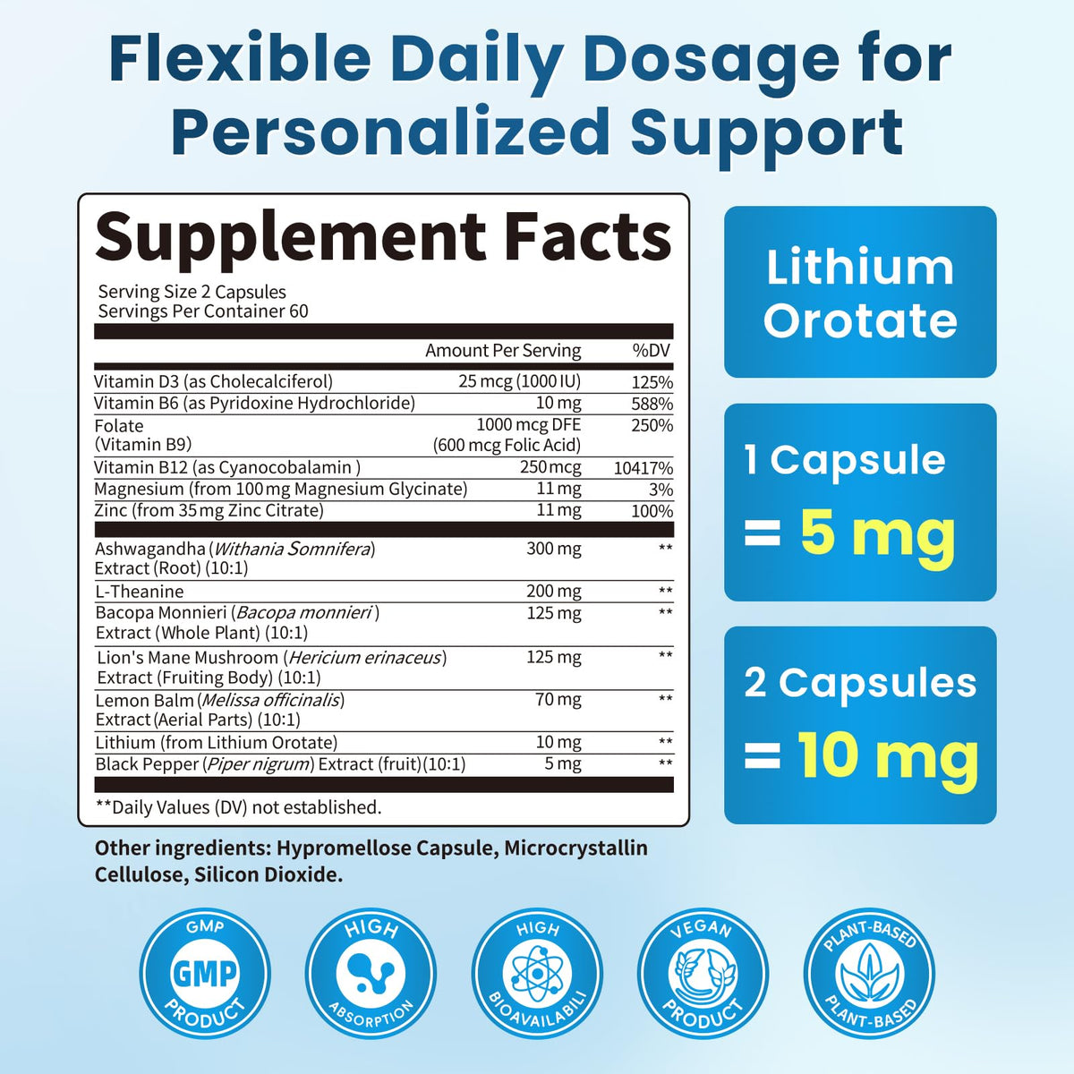 Lithium Orotate 5/10mg, L-Theanine 200mg, Ashwagandha 300mg - Mood Focus Memory Brain Supplements with Bacopa Monnieri, Lion’s Mane, Magnesium, Zinc D3 B6 Folate B12 - PrimeBioHealth - canada supplements