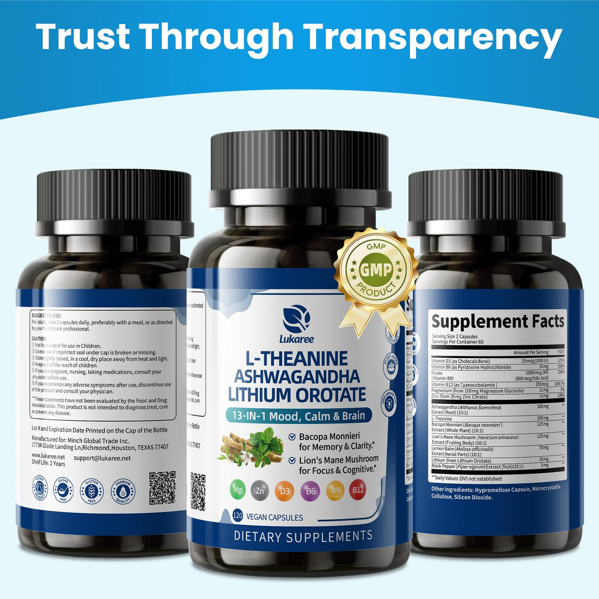 Lithium Orotate 5/10mg, L-Theanine 200mg, Ashwagandha 300mg - Mood Focus Memory Brain Supplements with Bacopa Monnieri, Lion’s Mane, Magnesium, Zinc D3 B6 Folate B12 - PrimeBioHealth - canada supplements