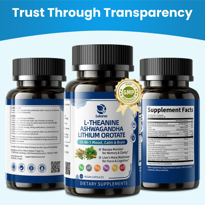 Lithium Orotate 5/10mg, L-Theanine 200mg, Ashwagandha 300mg - Mood Focus Memory Brain Supplements with Bacopa Monnieri, Lion’s Mane, Magnesium, Zinc D3 B6 Folate B12 - PrimeBioHealth - canada supplements