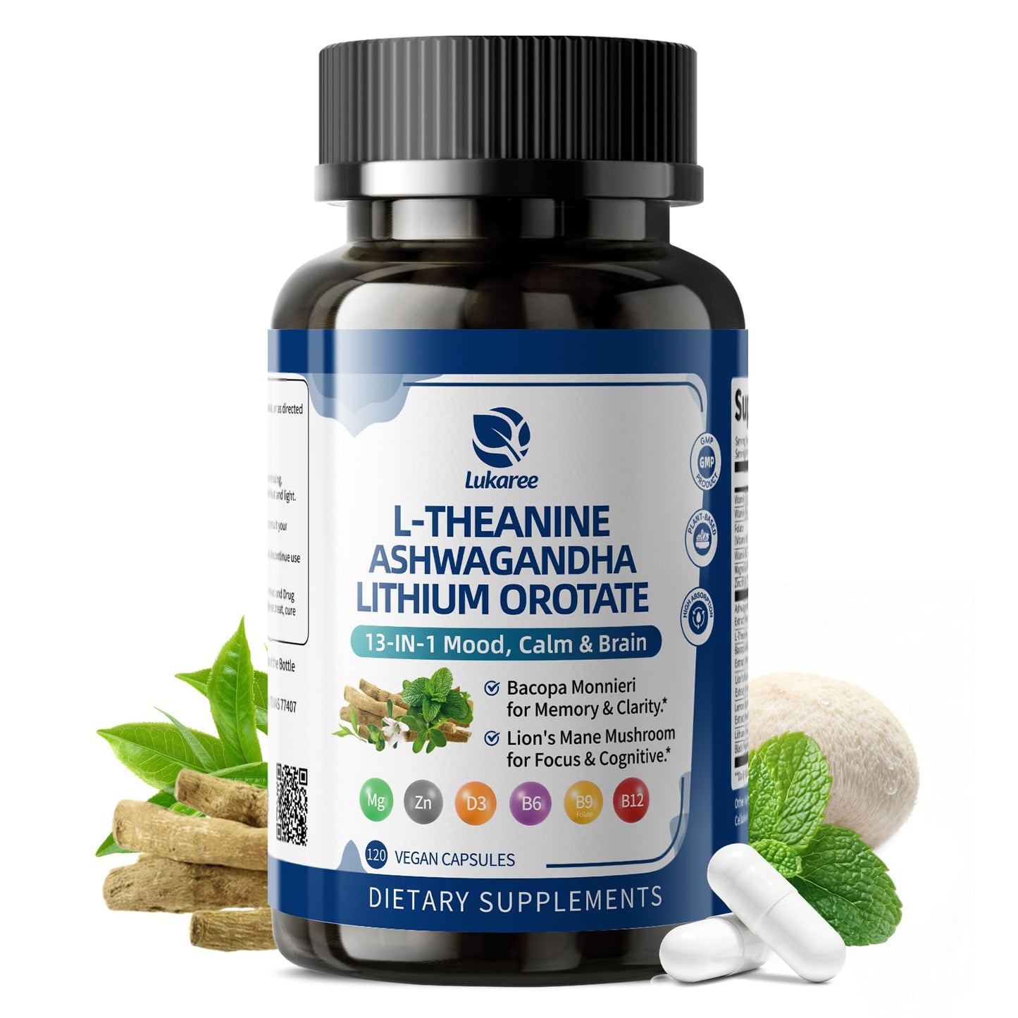 Lithium Orotate 5/10mg, L-Theanine 200mg, Ashwagandha 300mg - Mood Focus Memory Brain Supplements with Bacopa Monnieri, Lion’s Mane, Magnesium, Zinc D3 B6 Folate B12 - PrimeBioHealth - canada supplements