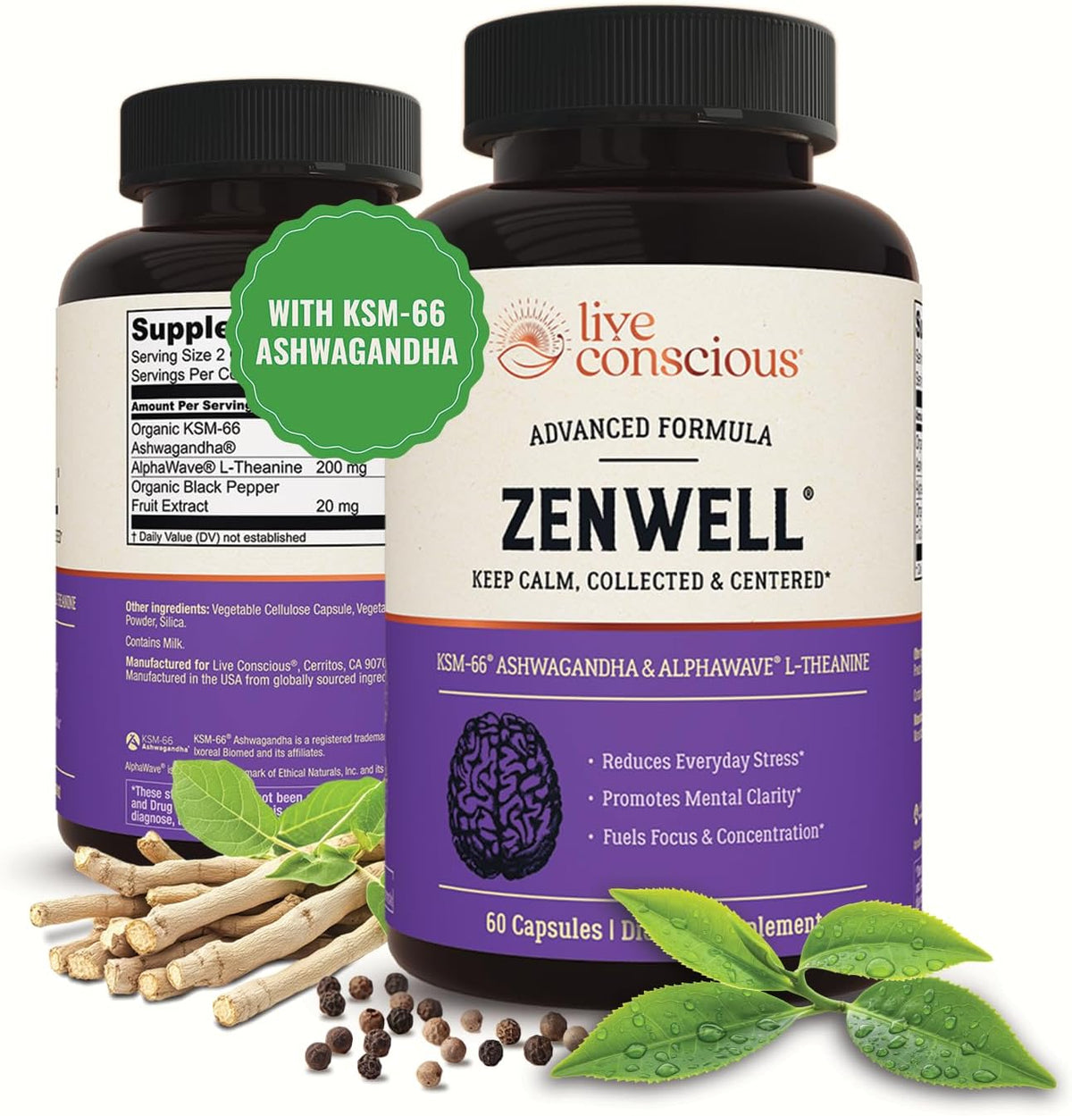 Live Conscious KSM-66 Ashwagandha Supplement w/L Theanine & AlphaWave - ZenWell Everyday Stress Relief, Cognitive, Brain Health - Ashwagandha for Men & Women - 60 Capsules - PrimeBioHealth - canada supplements