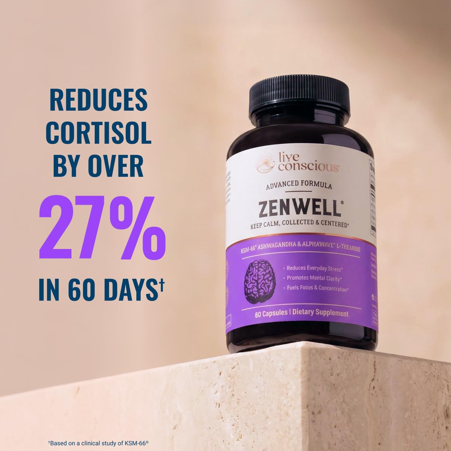 Live Conscious KSM-66 Ashwagandha Supplement w/L Theanine & AlphaWave - ZenWell Everyday Stress Relief, Cognitive, Brain Health - Ashwagandha for Men & Women - 60 Capsules - PrimeBioHealth - canada supplements