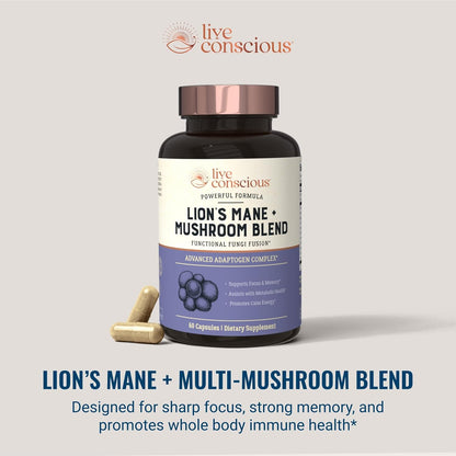 Live Conscious Lions Mane Mushroom Supplement Capsules for Brain Support w/Lion's Mane, Cordyceps, Reishi, and Turkey Tail Mushrooms - Cognitive Memory Supplement for Brain - PrimeBioHealth - canada supplements