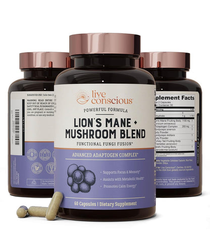 Live Conscious Lions Mane Mushroom Supplement Capsules for Brain Support w/Lion's Mane, Cordyceps, Reishi, and Turkey Tail Mushrooms - Cognitive Memory Supplement for Brain - PrimeBioHealth - canada supplements