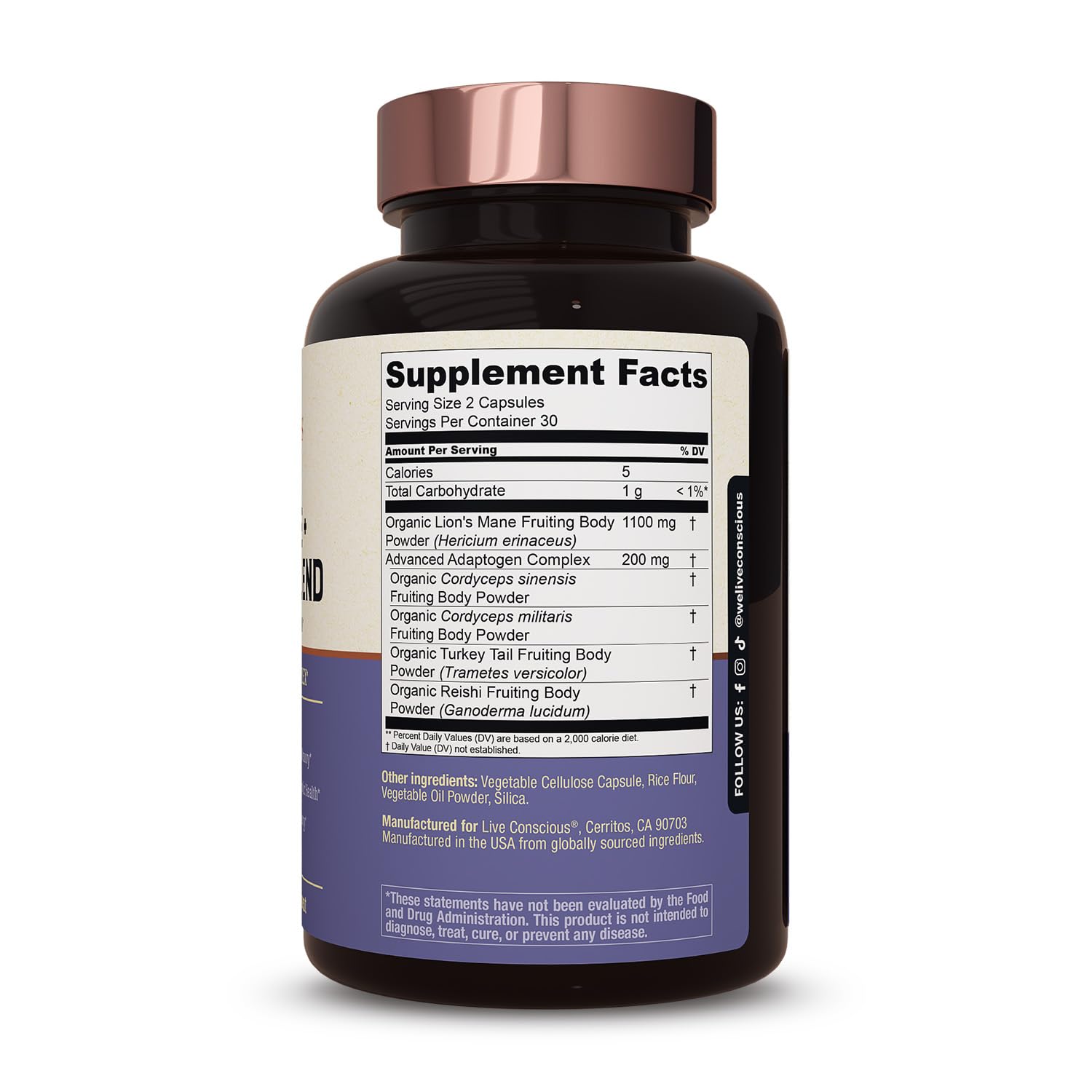 Live Conscious Lions Mane Mushroom Supplement Capsules for Brain Support w/Lion's Mane, Cordyceps, Reishi, and Turkey Tail Mushrooms - Cognitive Memory Supplement for Brain - PrimeBioHealth - canada supplements