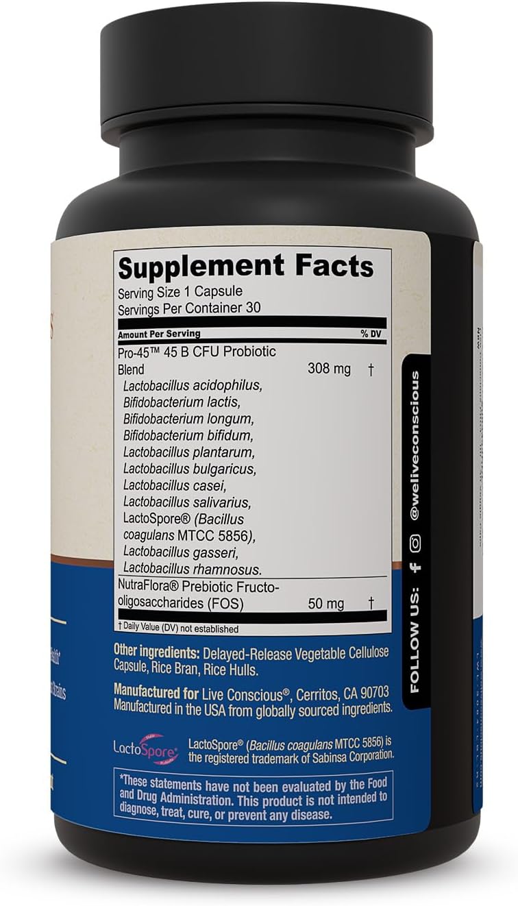 Live Conscious PRO45 Probiotics for Women & Men: Comprehensive Formula, 45 Billion CFU, 11 Strains, Dairy Free - w/Prebiotics and Probiotics - Promotes Immune & Gut Health - 30 Veggie Caps - PrimeBioHealth - canada supplements