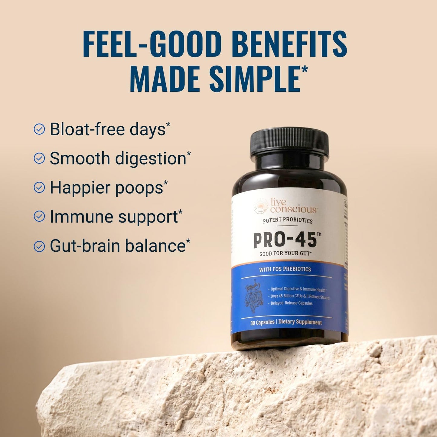 Live Conscious PRO45 Probiotics for Women & Men: Comprehensive Formula, 45 Billion CFU, 11 Strains, Dairy Free - w/Prebiotics and Probiotics - Promotes Immune & Gut Health - 30 Veggie Caps - PrimeBioHealth - canada supplements
