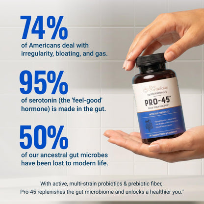 Live Conscious PRO45 Probiotics for Women & Men: Comprehensive Formula, 45 Billion CFU, 11 Strains, Dairy Free - w/Prebiotics and Probiotics - Promotes Immune & Gut Health - 30 Veggie Caps - PrimeBioHealth - canada supplements