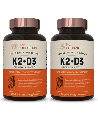 Live Conscious Vitamin K2 MK7 with D3 Supplement | Bone & Heart Health Support - Patented Vitamin K & Vitamin D3 5000 IU - 60 Softgels - PrimeBioHealth - canada supplements