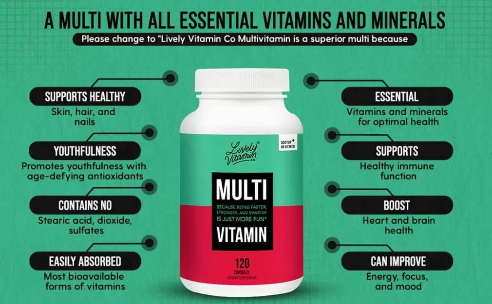 LIVELY VITAMIN CO. Multivitamin - 37 Vitamins Minerals and Extracts - Energy - Memory - Immune Function - Heart- Brain - Focus - Mood - Antioxidants - Dairy Gluten Soy Free - 60 Vegetarian Capsules - PrimeBioHealth - canada supplements