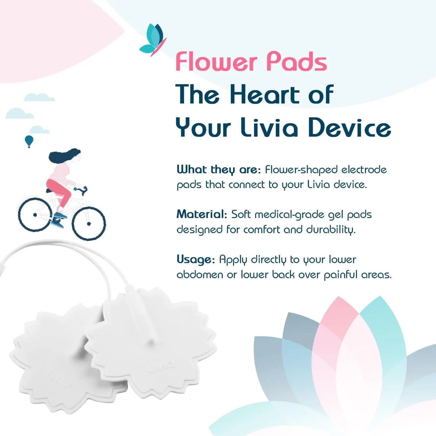 Livia Flower Pads | Electrodes Menstrual Pain Relief Device | Compact, Lightweight, Discreet | Skin-Friendly & Easy to Apply | 1 Set of Electrodes - PrimeBioHealth - canada supplements