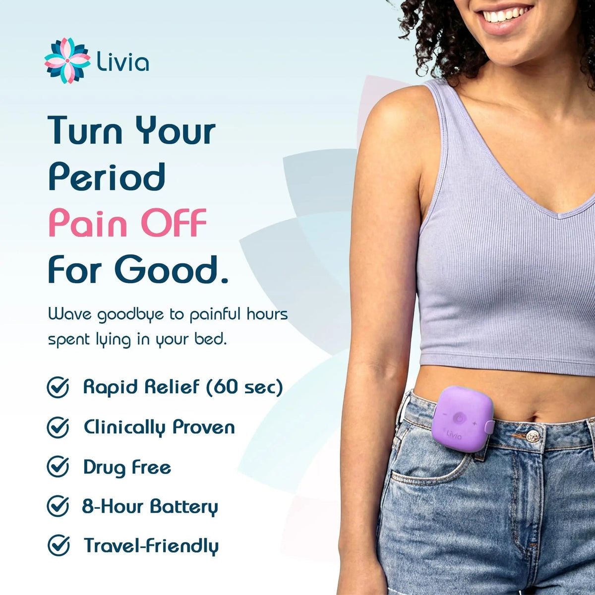 Livia Menstrual Pain Relief Device, Lavender – Off-Switch for Period Pain – Portable & Discreet – Rechargeable, Up to 8 Hours Battery – Complete Kit with Stick-On Pads – The Go-to Travel Partner - PrimeBioHealth - canada supplements