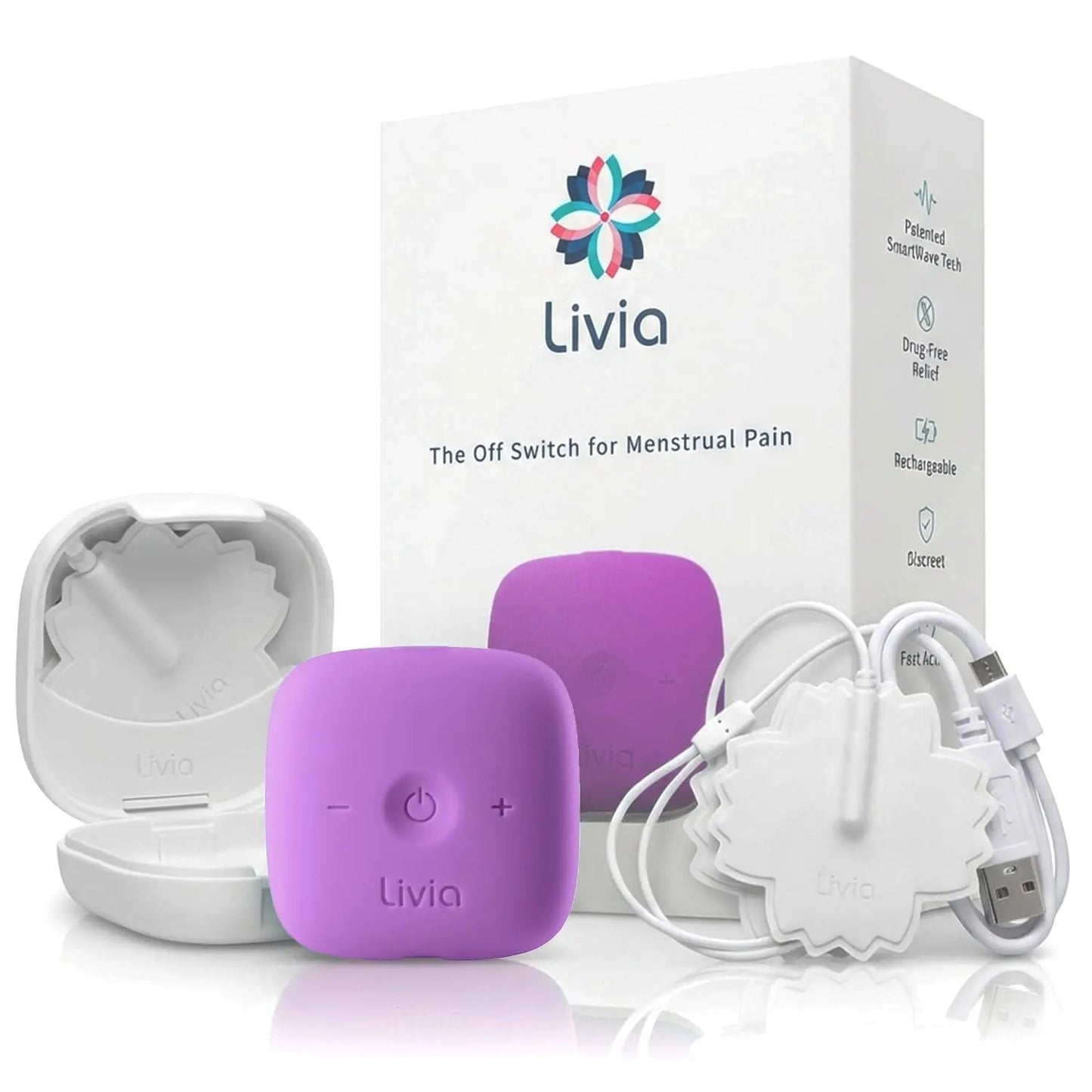 Livia Menstrual Pain Relief Device, Lavender – Off-Switch for Period Pain – Portable & Discreet – Rechargeable, Up to 8 Hours Battery – Complete Kit with Stick-On Pads – The Go-to Travel Partner - PrimeBioHealth - canada supplements