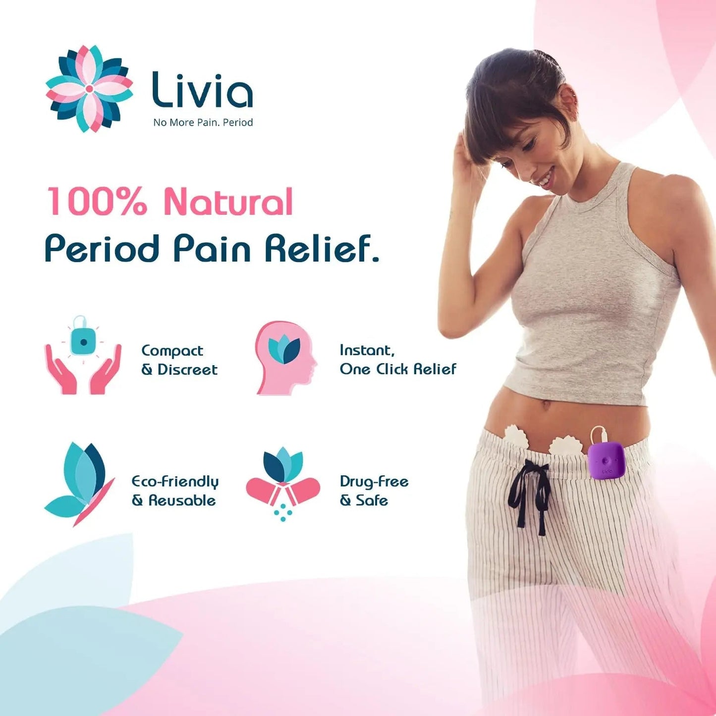 Livia Menstrual Pain Relief Device, Purple – Off-Switch for Period Pain – Portable & Discreet – Rechargeable, Up to 8 Hours Battery – Complete Kit with Stick-On Pads – The Go-to Travel Partner - PrimeBioHealth - canada supplements