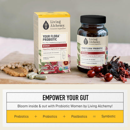 Living Alchemy Gut Health Supplements for Women - Your Flora Probiotics Women with Fermented Soybean, Cranberry Juice, Roselle, Prebiotics, Digestive Enzyme, & Probiotics - Vegan, Non-GMO, 60 Pcs - PrimeBioHealth - canada supplements