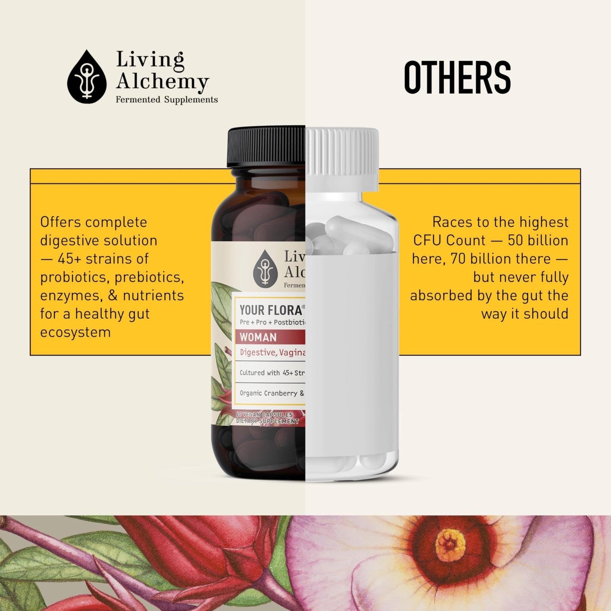 Living Alchemy Gut Health Supplements for Women - Your Flora Probiotics Women with Fermented Soybean, Cranberry Juice, Roselle, Prebiotics, Digestive Enzyme, & Probiotics - Vegan, Non-GMO, 60 Pcs - PrimeBioHealth - canada supplements
