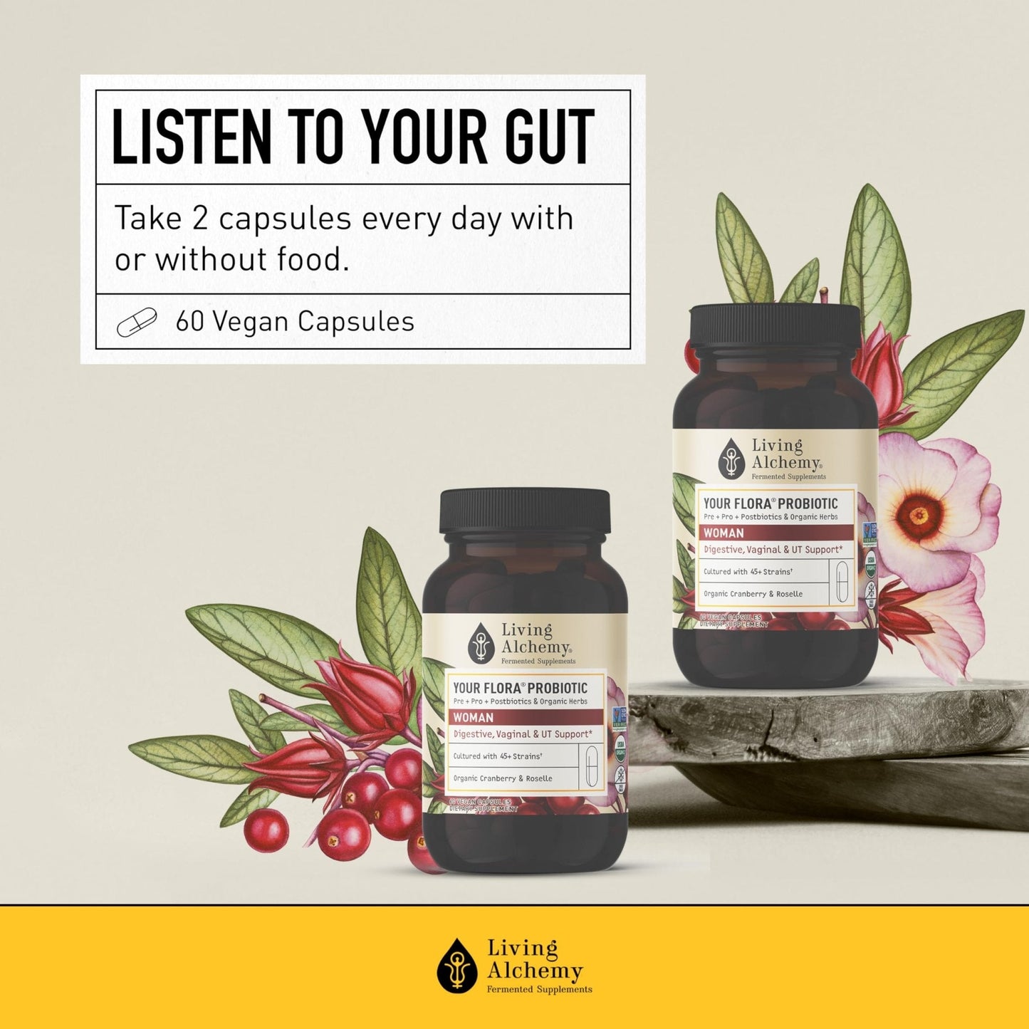 Living Alchemy Gut Health Supplements for Women - Your Flora Probiotics Women with Fermented Soybean, Cranberry Juice, Roselle, Prebiotics, Digestive Enzyme, & Probiotics - Vegan, Non-GMO, 60 Pcs - PrimeBioHealth - canada supplements