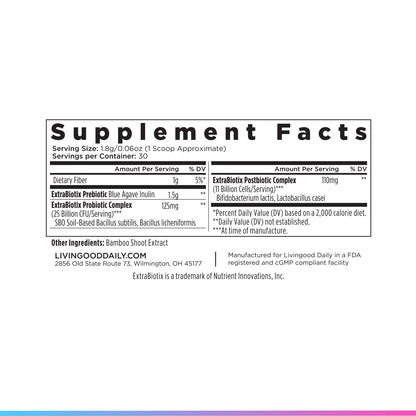 Livingood Daily Pre Pro Post Biotics Blend Powder, Digestive Health Supplement with Prebiotics from Organic Blue Agave Inulin, SBO Probiotics, Probiotics for Women & Men - PrimeBioHealth - canada supplements