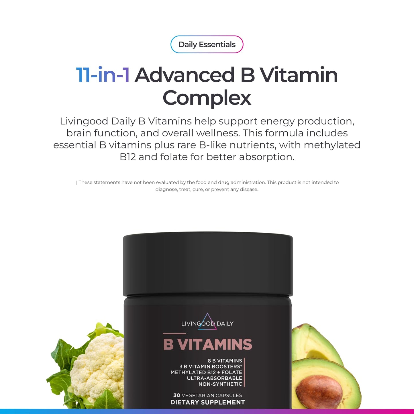 Livingood Daily Vitamin B Complex Capsules for Men and Women, Methylated B12 & Folate, 11 Active Forms Including B1 B2 B3 B5 B6 & Biotin, Gluten Free - PrimeBioHealth - canada supplements